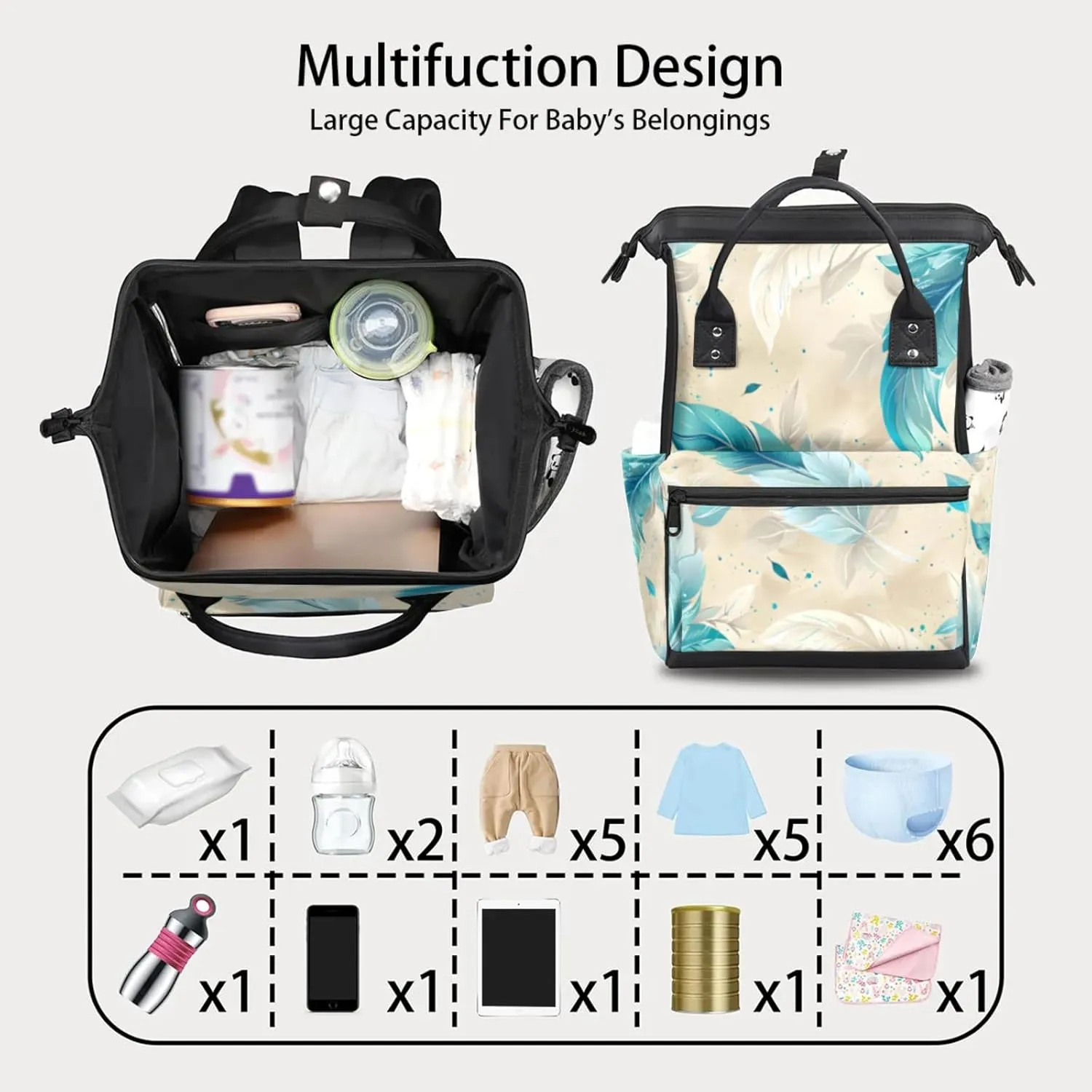 Tavisto Soft Feather Dreams Double Shoulder Mommy Bag for Women, Polyester Large Capacity Diaper Backpack with Multi Pockets, Waterproof Adjustable Straps Diaper Bag for Moms Dads, 11''×7''×15.7''