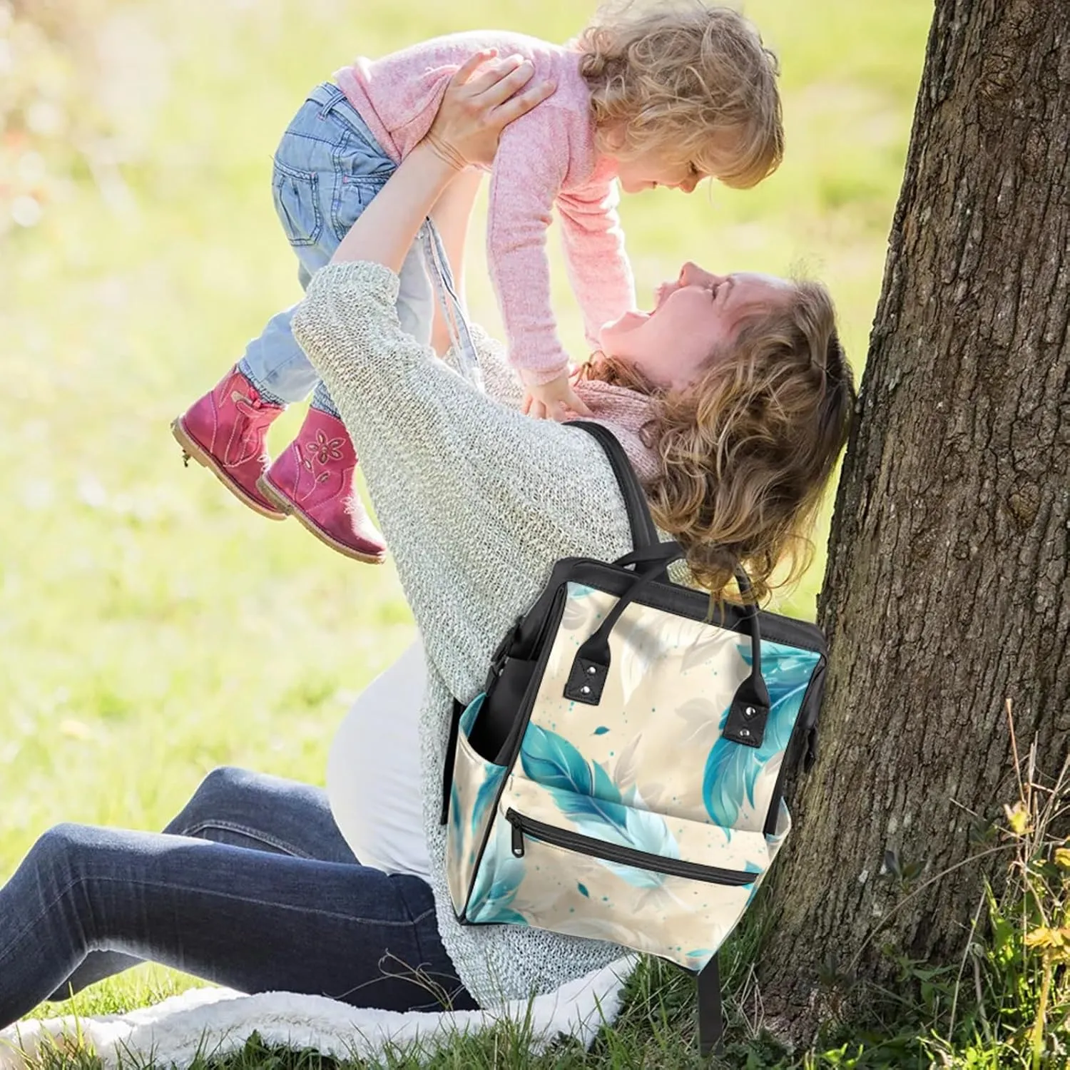 Tavisto Soft Feather Dreams Double Shoulder Mommy Bag for Women, Polyester Large Capacity Diaper Backpack with Multi Pockets, Waterproof Adjustable Straps Diaper Bag for Moms Dads, 11''×7''×15.7''