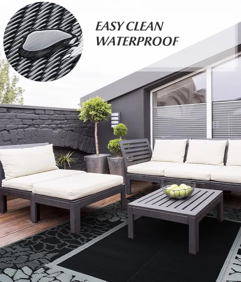 tchdio Reversible Waterproof Outdoor Rug, 6'X9', Floral, Black&White