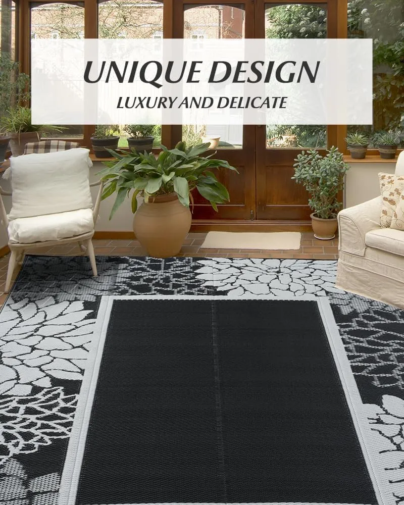 tchdio Reversible Waterproof Outdoor Rug, 6'X9', Floral, Black&White