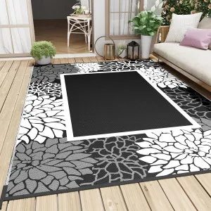 tchdio Reversible Waterproof Outdoor Rug, 6'X9', Floral, Black&White
