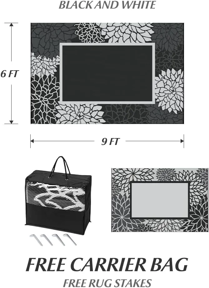 tchdio Reversible Waterproof Outdoor Rug, 6'X9', Floral, Black&White