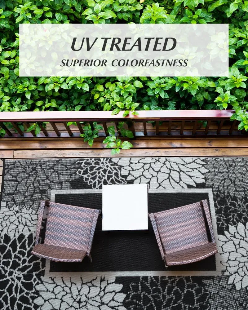 tchdio Reversible Waterproof Outdoor Rug, 6'X9', Floral, Black&White