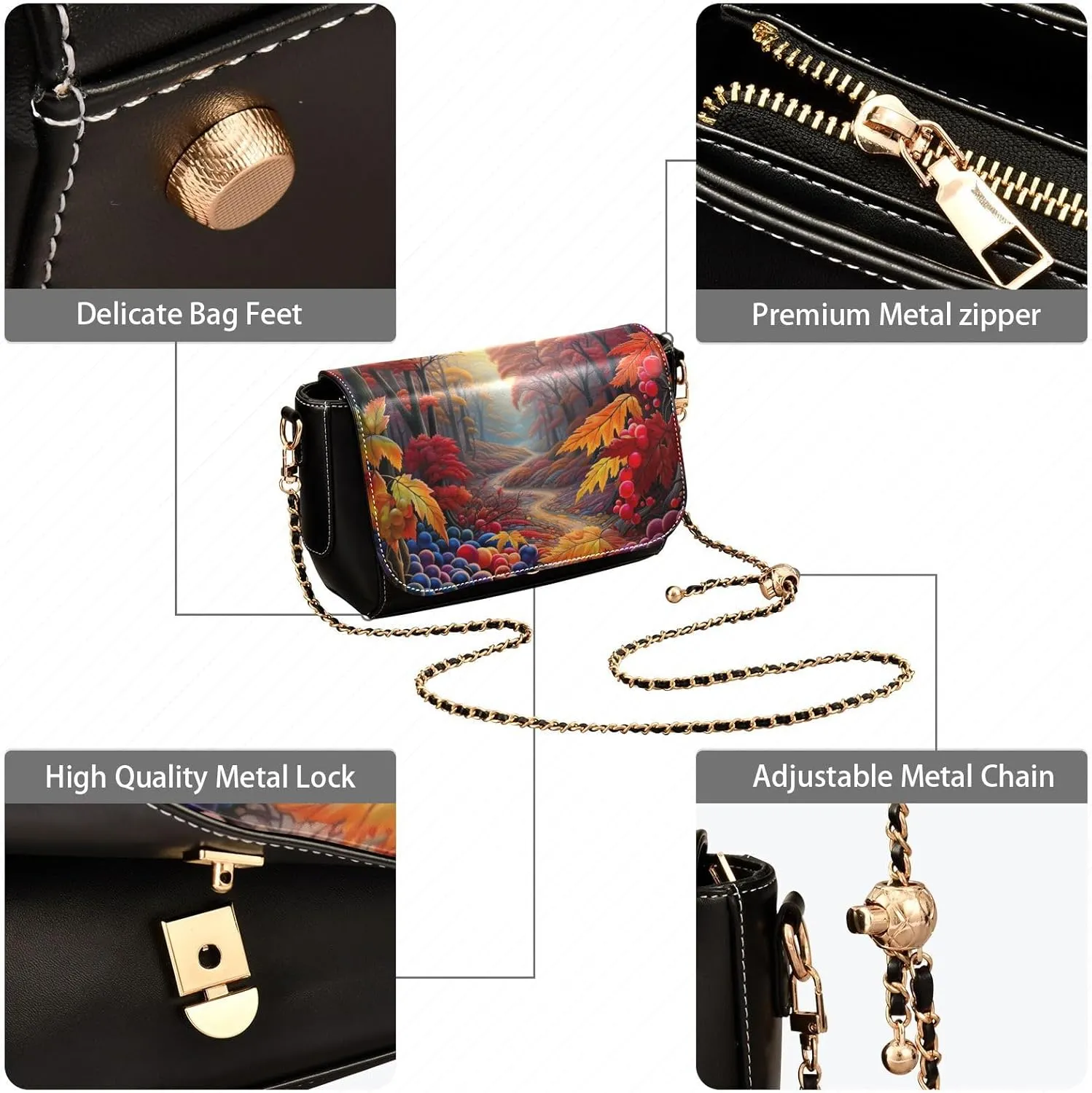 Tea and Lemons on Black Shoulder Bag with Pockets, Women's Crossbody Bags, Leather Bag for Women Crossbody