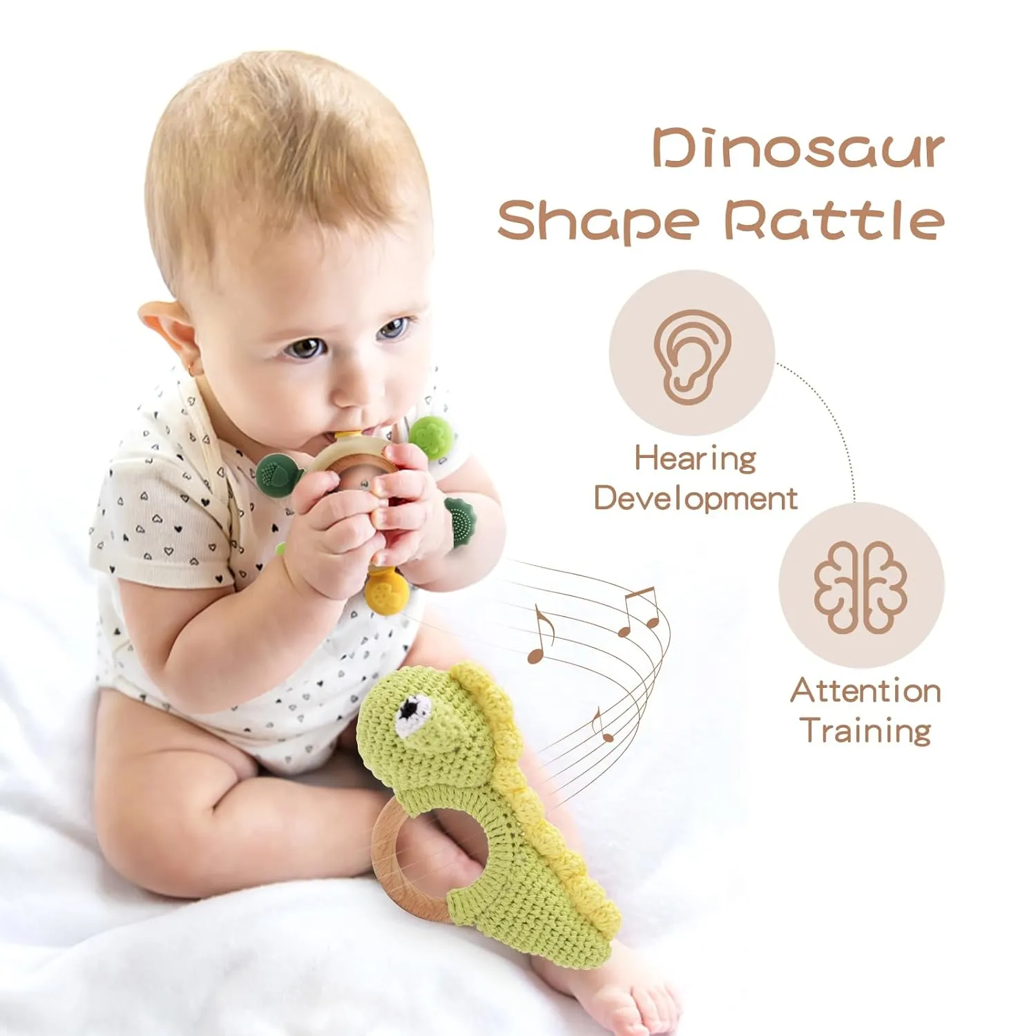 Teether Ring Wooden Baby Rattle Crochet Green Dinosaur Set | Infant Teething Toy | BPA Free Silicone Chewable Rings with Organic Featuring Multiple Textures | Crochet Rattle Baby