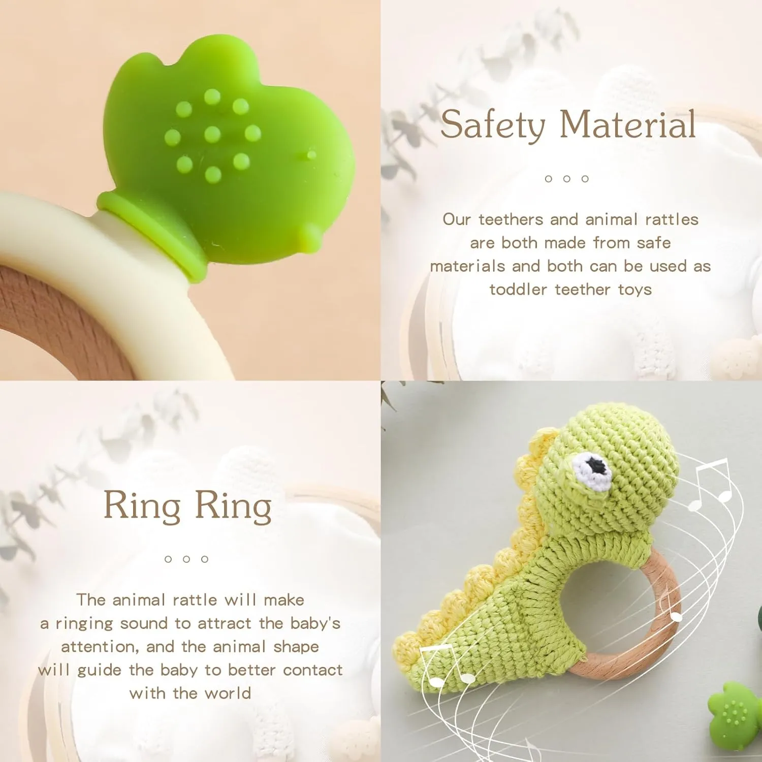 Teether Ring Wooden Baby Rattle Crochet Green Dinosaur Set | Infant Teething Toy | BPA Free Silicone Chewable Rings with Organic Featuring Multiple Textures | Crochet Rattle Baby