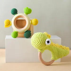 Teether Ring Wooden Baby Rattle Crochet Green Dinosaur Set | Infant Teething Toy | BPA Free Silicone Chewable Rings with Organic Featuring Multiple Textures | Crochet Rattle Baby