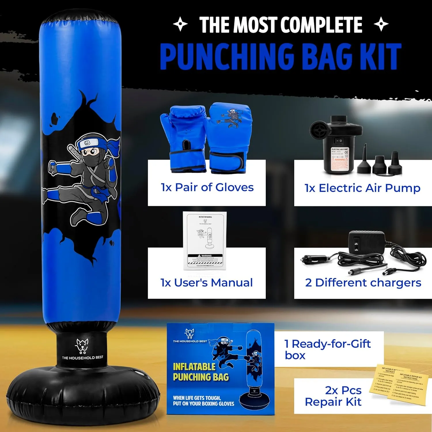 THB Punching Bag for Kids - Inflatable Punching Bag Stand with Boxing Gloves for Kids Age 3-8, 63” Ninja Boxing Bag with Electric Air Pump to Practice Taekwondo, Karate, MMA, Bouncing Back Boxing Set