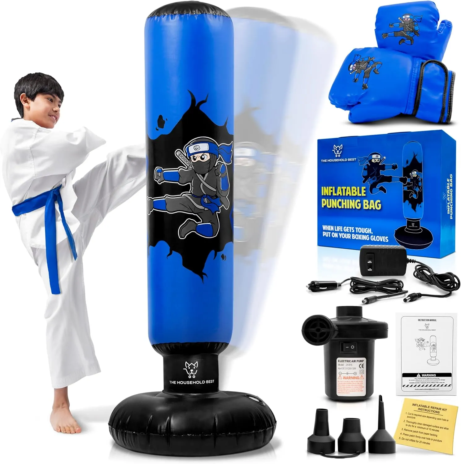 THB Punching Bag for Kids - Inflatable Punching Bag Stand with Boxing Gloves for Kids Age 3-8, 63” Ninja Boxing Bag with Electric Air Pump to Practice Taekwondo, Karate, MMA, Bouncing Back Boxing Set