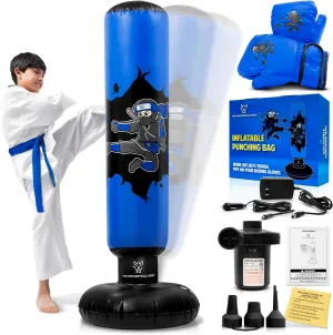 THB Punching Bag for Kids - Inflatable Punching Bag Stand with Boxing Gloves for Kids Age 3-8, 63” Ninja Boxing Bag with Electric Air Pump to Practice Taekwondo, Karate, MMA, Bouncing Back Boxing Set