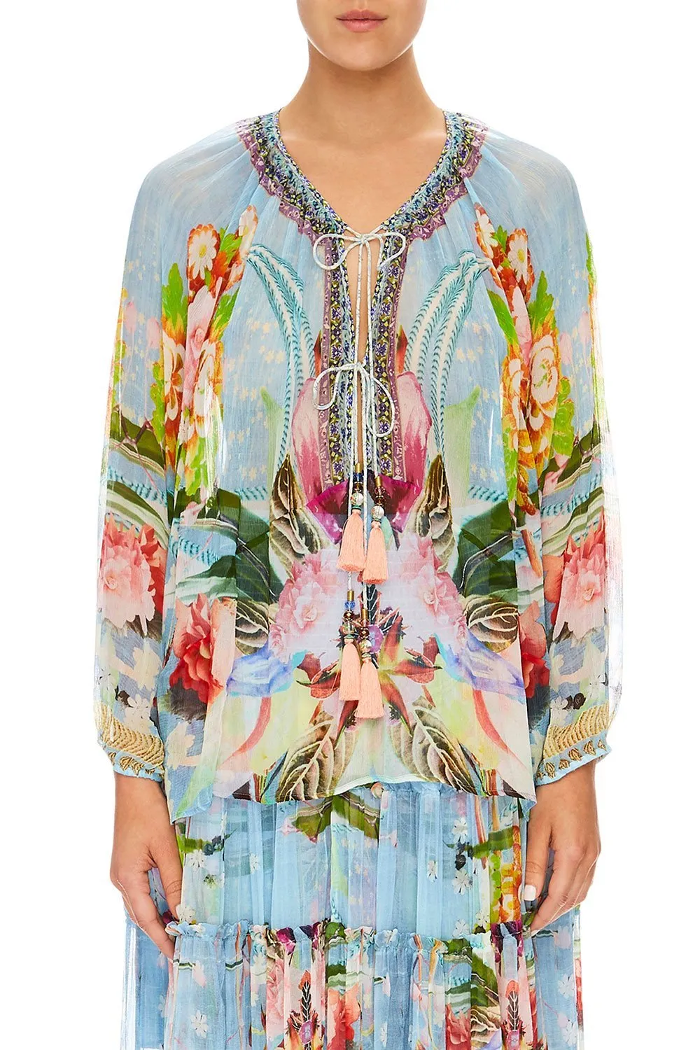 TIE FRONT HIGH LOW HEM BLOUSE THE STILL ABYSS
