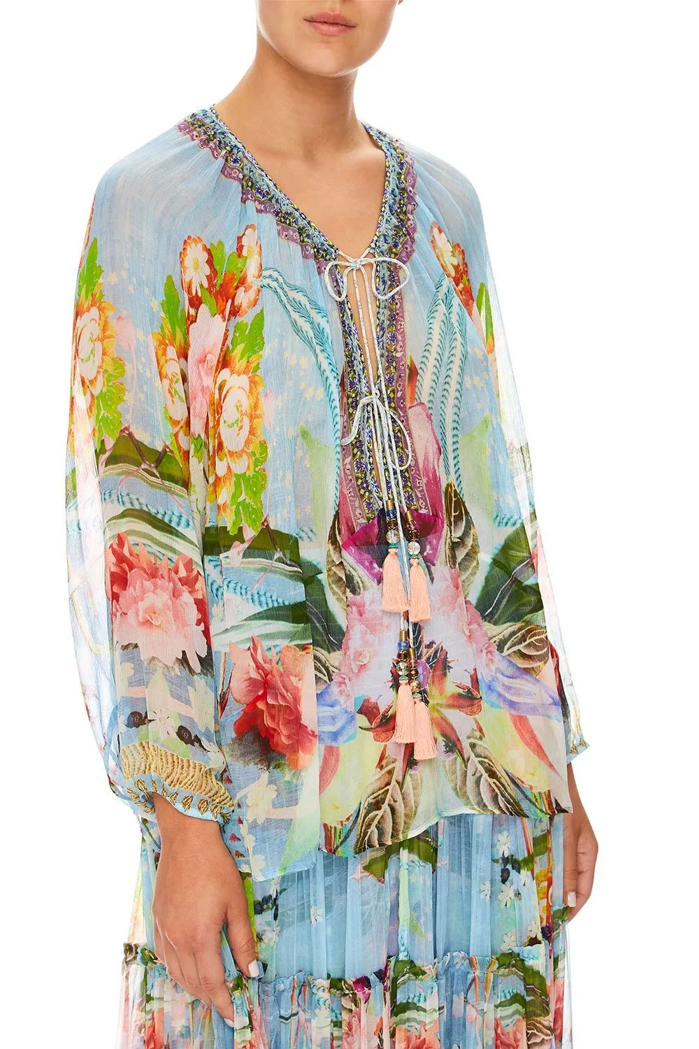 TIE FRONT HIGH LOW HEM BLOUSE THE STILL ABYSS