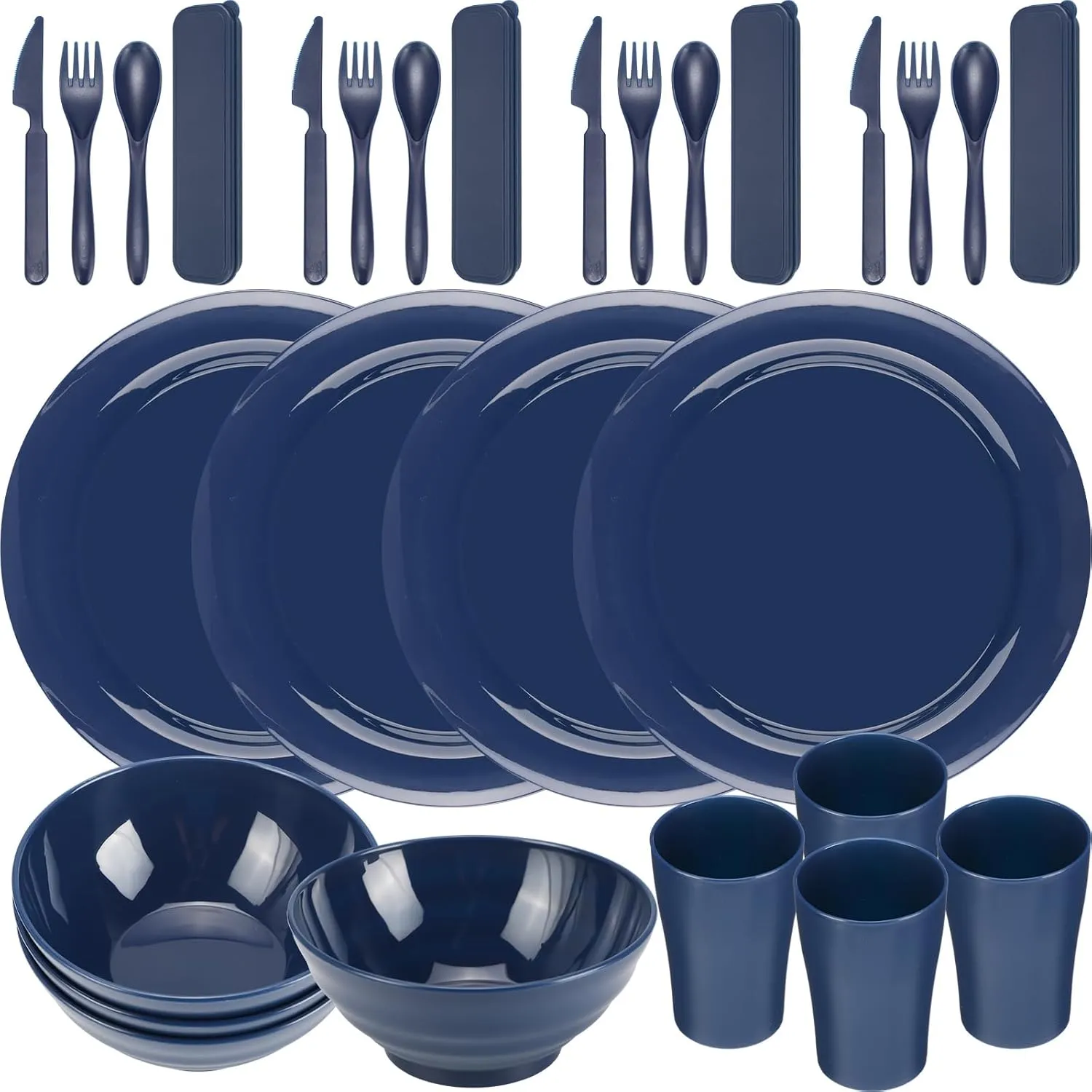 Tioncy 29 Pcs Mess Kit for Camping 4 People Camping Bowls Plates Cups Utensils Set Plastic Reusable Unbreakable Dinnerware Set with drawstring Bag for Travel Picnic Outdoor Dishwasher Safe