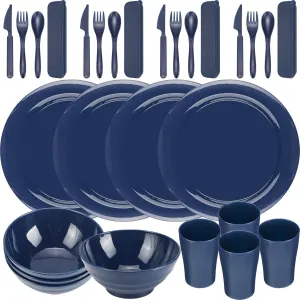 Tioncy 29 Pcs Mess Kit for Camping 4 People Camping Bowls Plates Cups Utensils Set Plastic Reusable Unbreakable Dinnerware Set with drawstring Bag for Travel Picnic Outdoor Dishwasher Safe