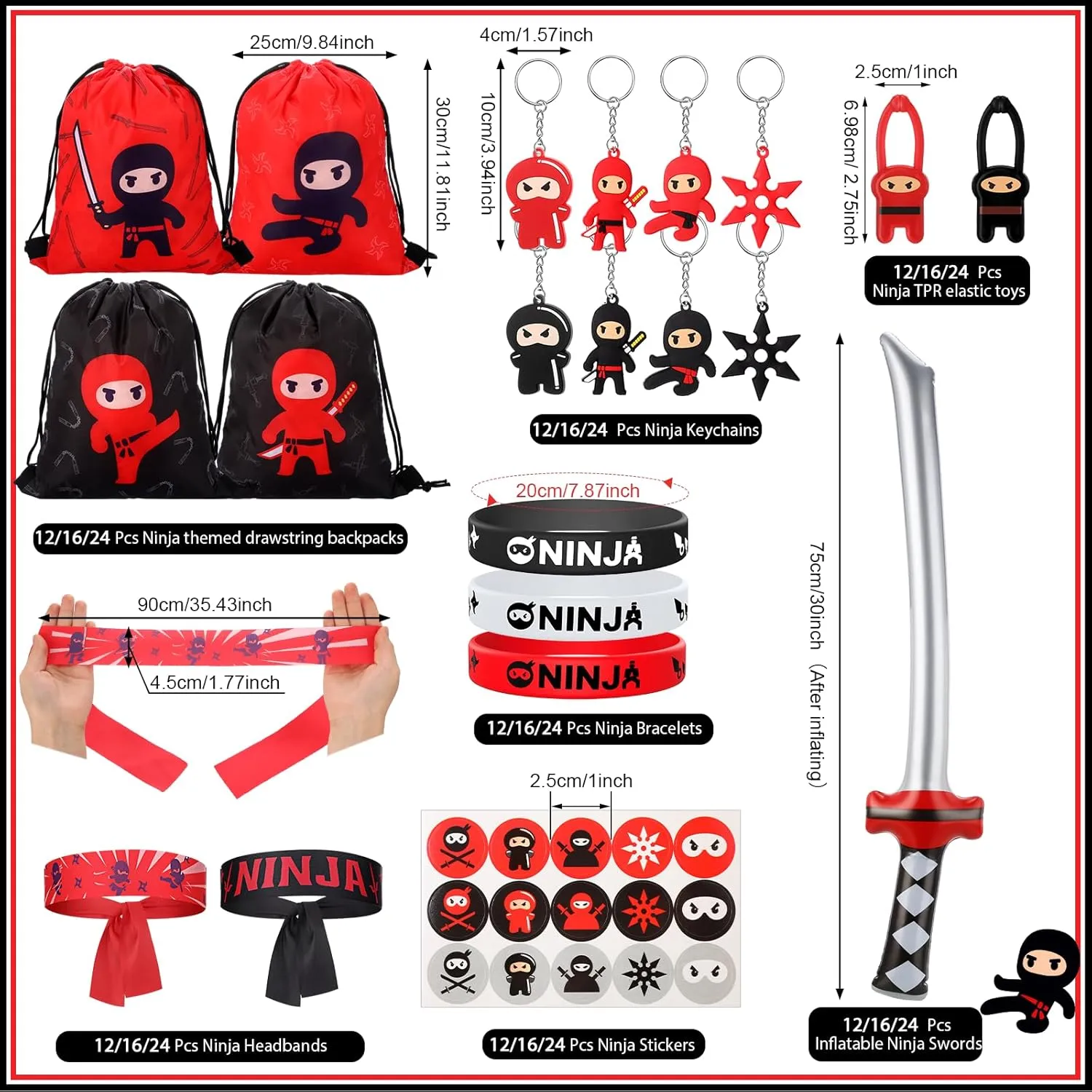 Tondiamo 112 Pcs Ninja Pirate Party Favors with Drawstring Backpack Headband Inflatable Sword Bracelet Sticker Keychain Stretch Ninja or Pirate Eye Mask For Karate Birthday (Ninja Style)