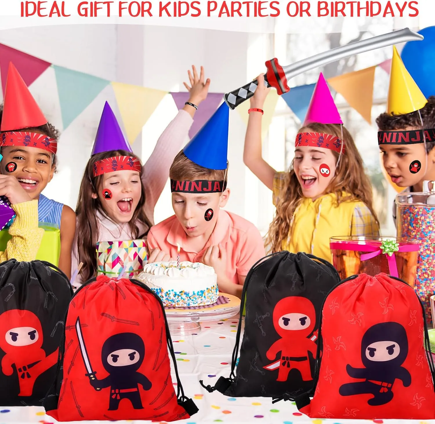 Tondiamo 112 Pcs Ninja Pirate Party Favors with Drawstring Backpack Headband Inflatable Sword Bracelet Sticker Keychain Stretch Ninja or Pirate Eye Mask For Karate Birthday (Ninja Style)