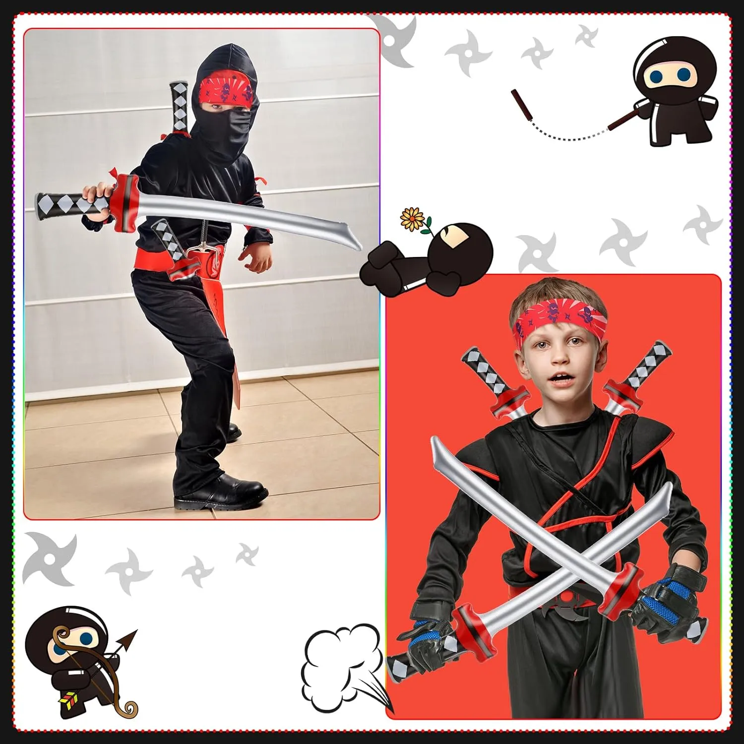Tondiamo 112 Pcs Ninja Pirate Party Favors with Drawstring Backpack Headband Inflatable Sword Bracelet Sticker Keychain Stretch Ninja or Pirate Eye Mask For Karate Birthday (Ninja Style)