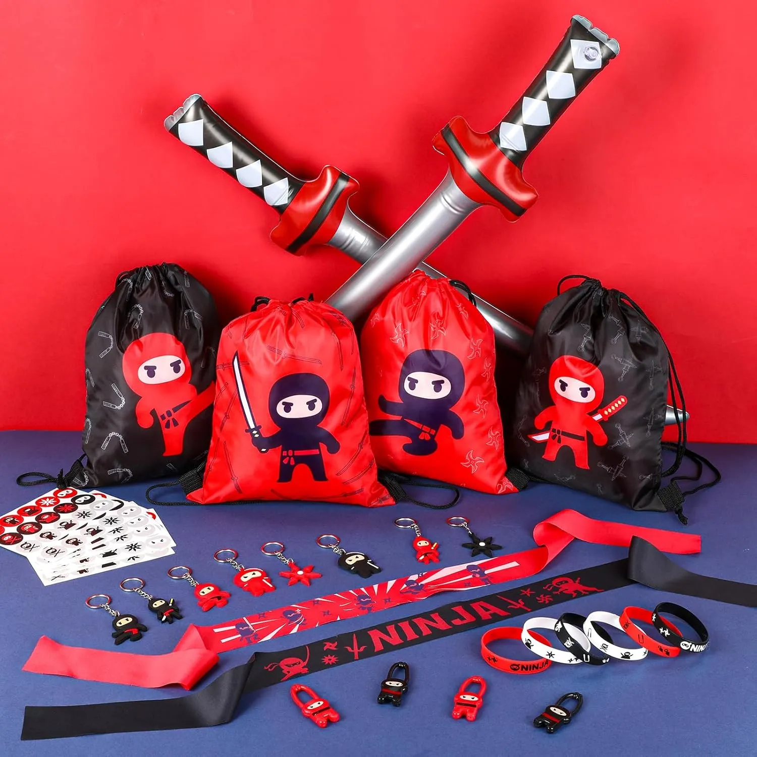 Tondiamo 112 Pcs Ninja Pirate Party Favors with Drawstring Backpack Headband Inflatable Sword Bracelet Sticker Keychain Stretch Ninja or Pirate Eye Mask For Karate Birthday (Ninja Style)