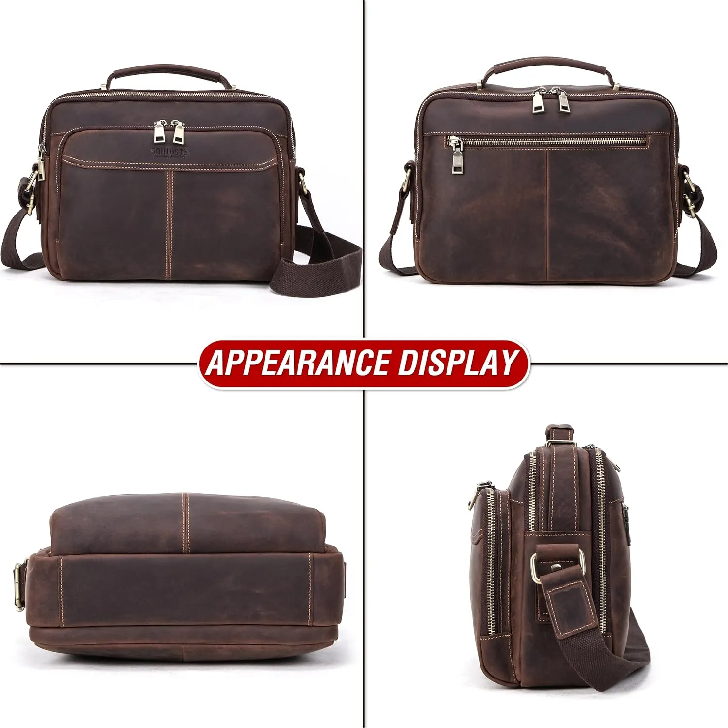 Top Grain Leather 11" Messenger Bag for Man & Woman, Multi Pockets, Fits to 8.3"/10.9" iPad for Daily/School/Business/Travel