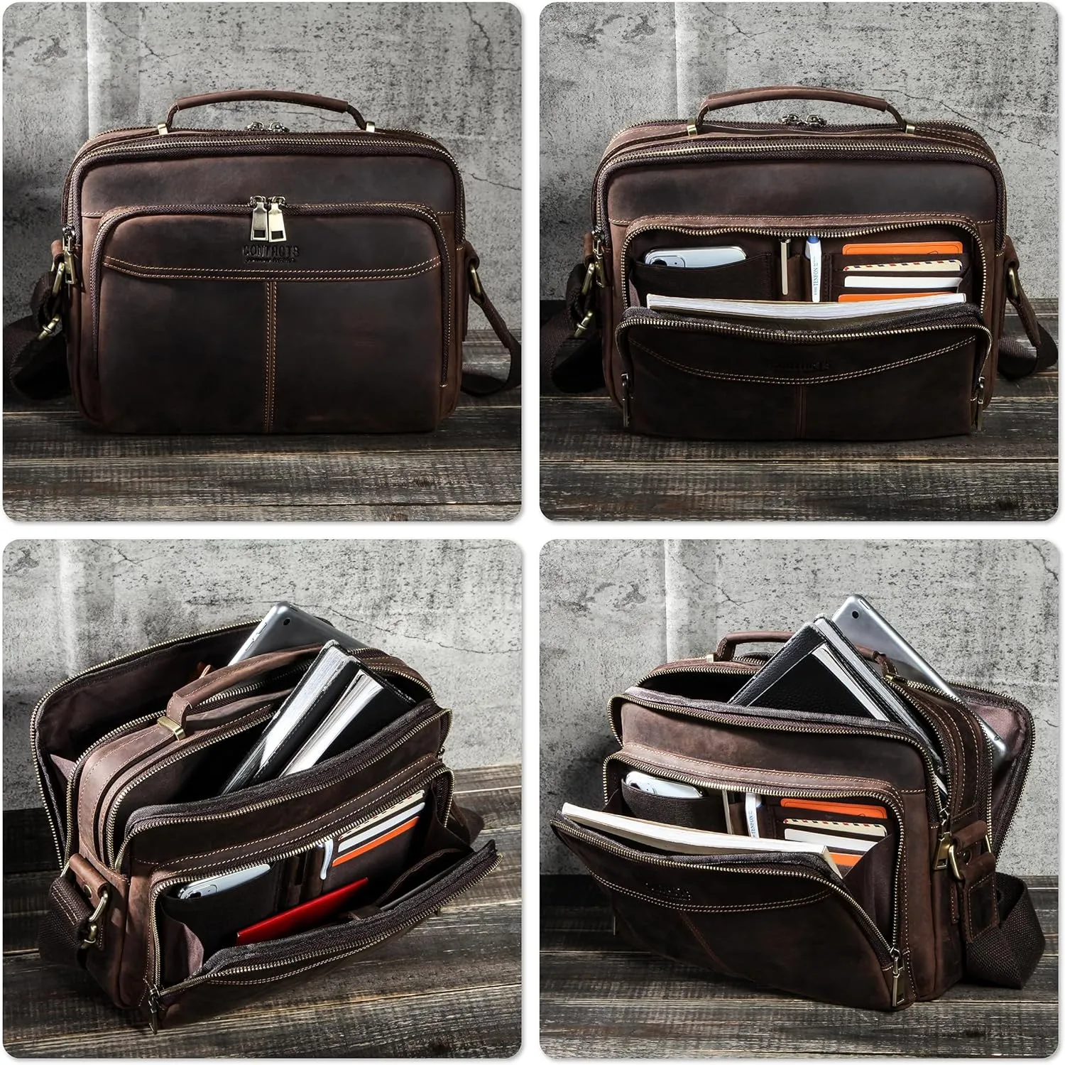 Top Grain Leather 11" Messenger Bag for Man & Woman, Multi Pockets, Fits to 8.3"/10.9" iPad for Daily/School/Business/Travel