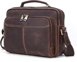 Top Grain Leather 11" Messenger Bag for Man & Woman, Multi Pockets, Fits to 8.3"/10.9" iPad for Daily/School/Business/Travel