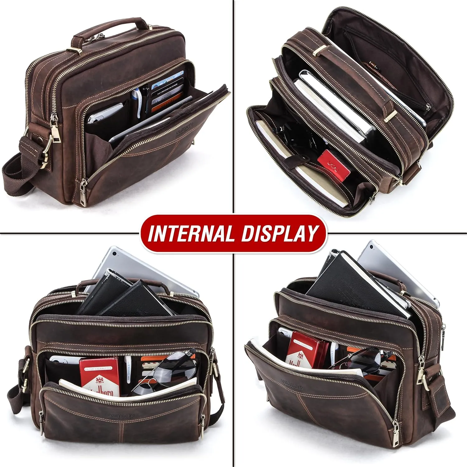 Top Grain Leather 11" Messenger Bag for Man & Woman, Multi Pockets, Fits to 8.3"/10.9" iPad for Daily/School/Business/Travel