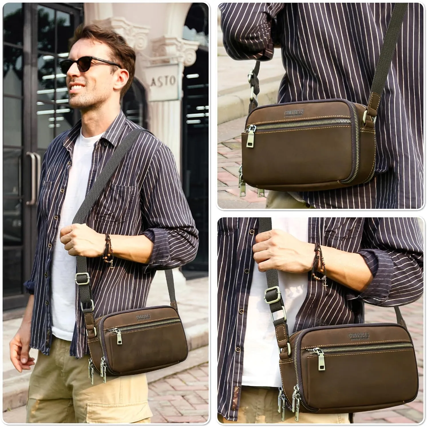 Top Grain Leather 8.3" Messenger Bag for Man & Woman, Multi Pockets, Fits to 7.9"/8.3" iPad for Daily/School/Business/Travel