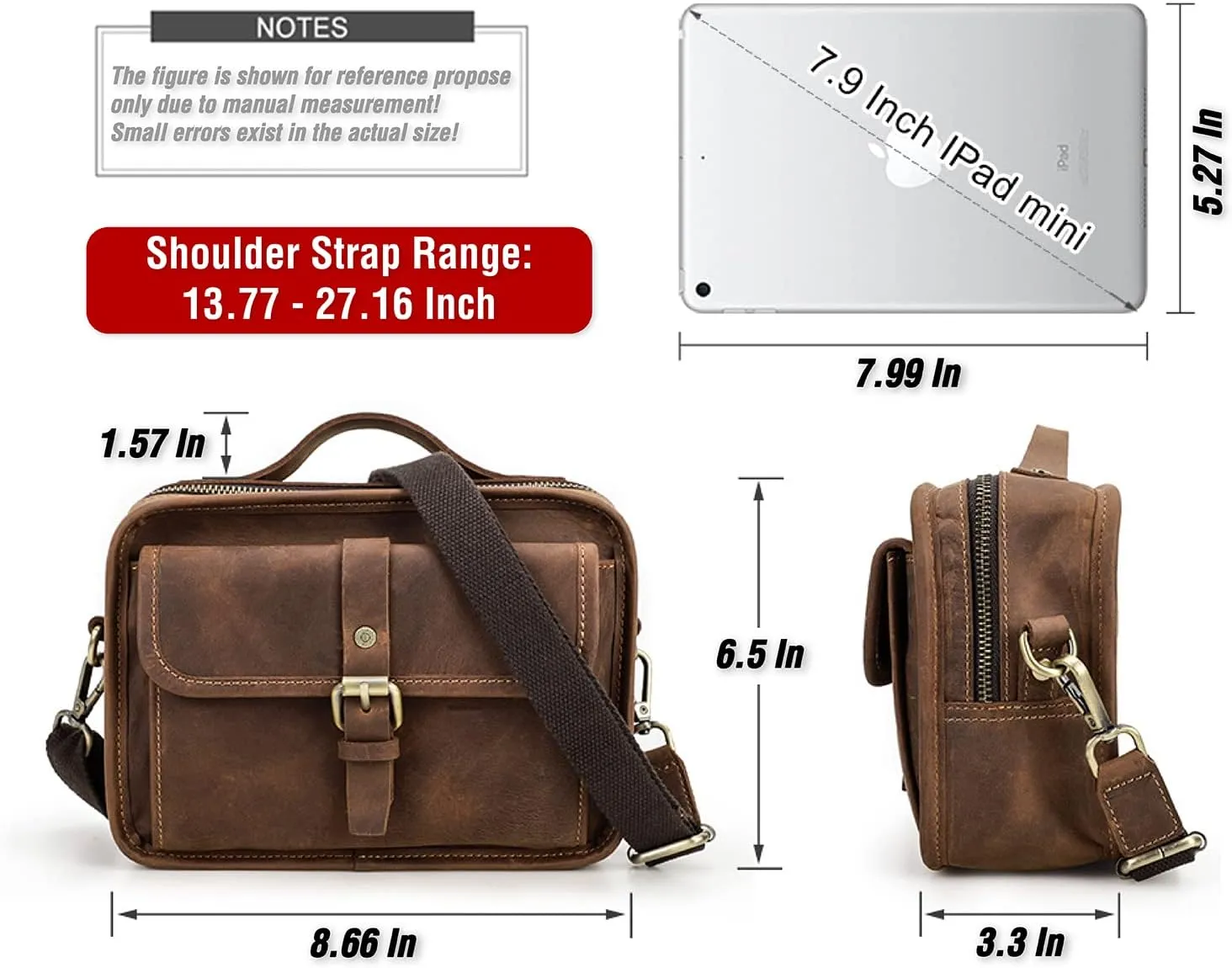 Top Grain Leather 8.3" Messenger Bag for Man & Woman, Multi Pockets, Fits to 7.9"/8.3" iPad for Daily/School/Business/Travel
