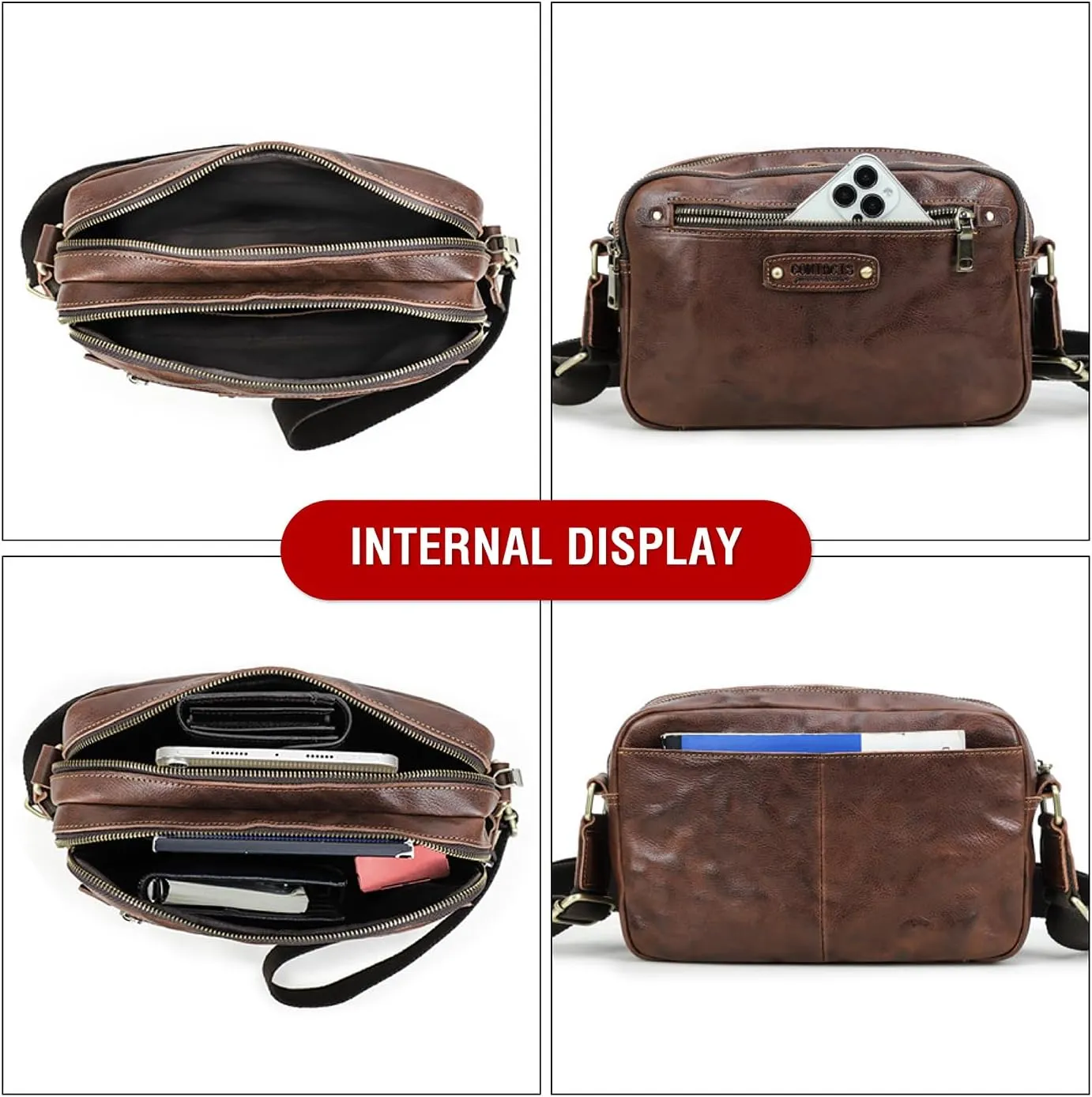 Top Grain Leather 8.3" Messenger Bag for Man & Woman, Multi Pockets, Fits to 7.9"/8.3" iPad for Daily/School/Business/Travel