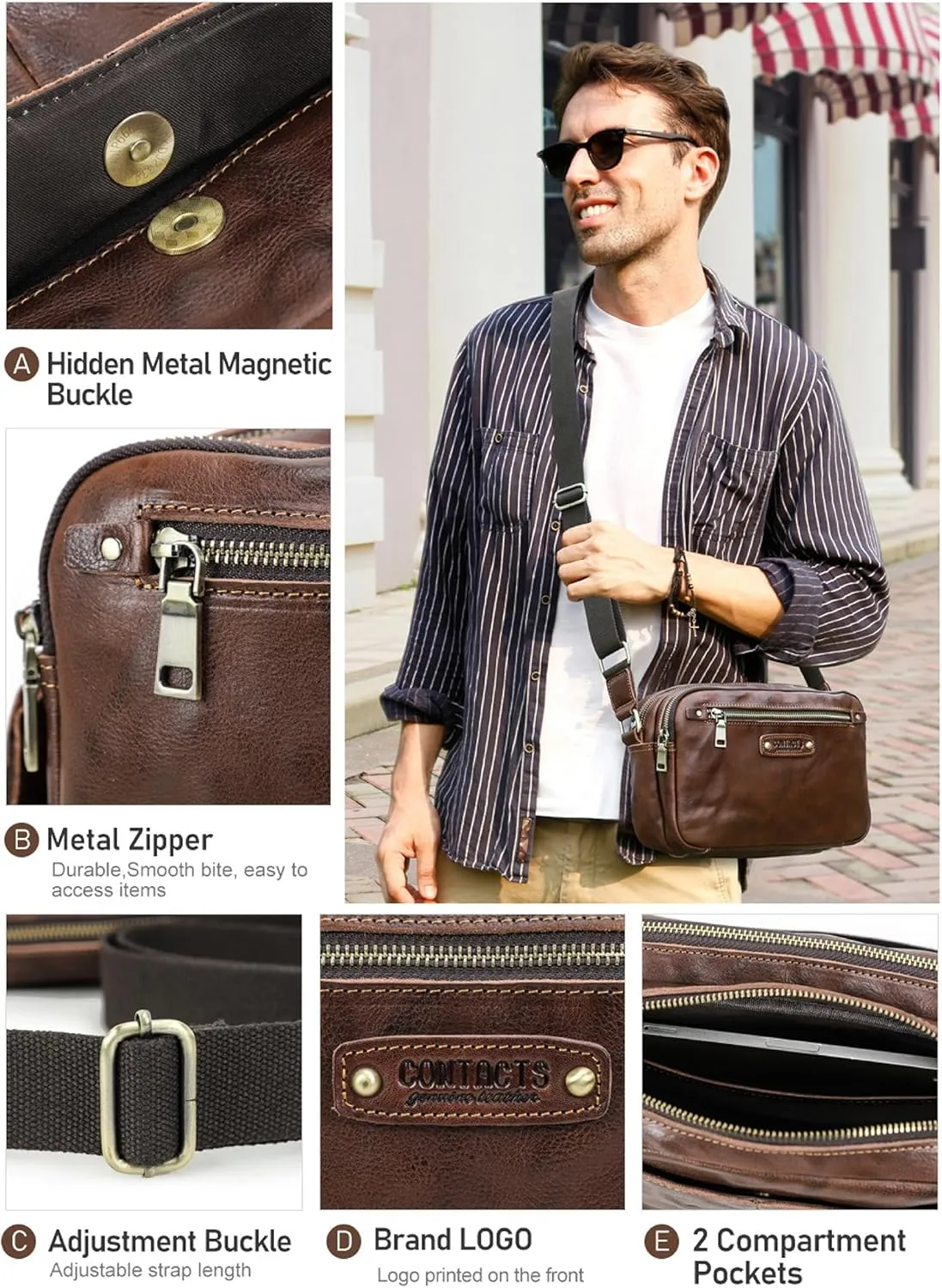 Top Grain Leather 8.3" Messenger Bag for Man & Woman, Multi Pockets, Fits to 7.9"/8.3" iPad for Daily/School/Business/Travel