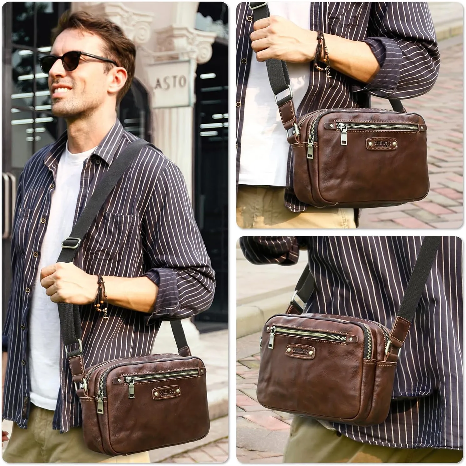 Top Grain Leather 8.3" Messenger Bag for Man & Woman, Multi Pockets, Fits to 7.9"/8.3" iPad for Daily/School/Business/Travel