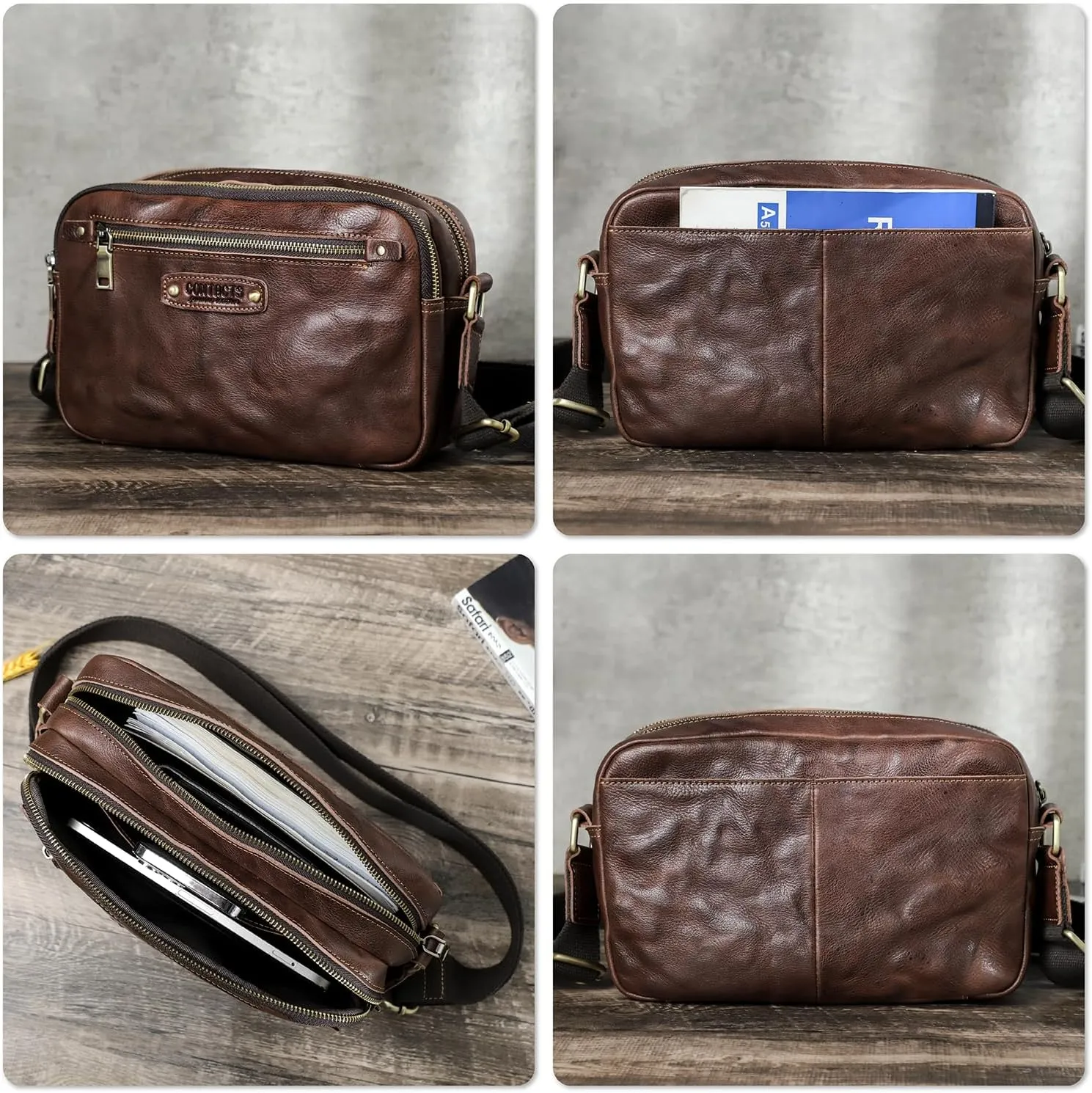 Top Grain Leather 8.3" Messenger Bag for Man & Woman, Multi Pockets, Fits to 7.9"/8.3" iPad for Daily/School/Business/Travel
