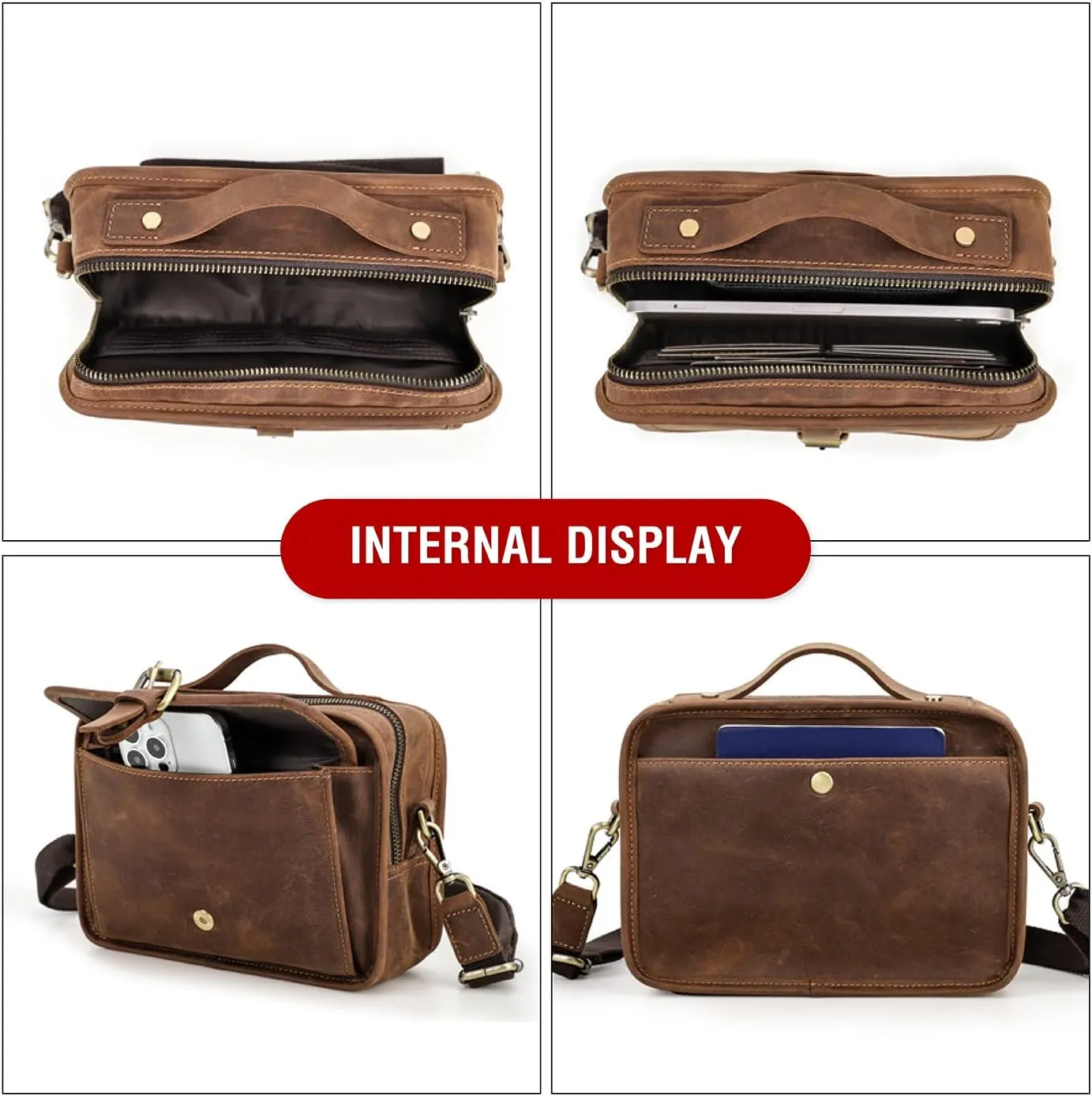 Top Grain Leather 8.3" Messenger Bag for Man & Woman, Multi Pockets, Fits to 7.9"/8.3" iPad for Daily/School/Business/Travel