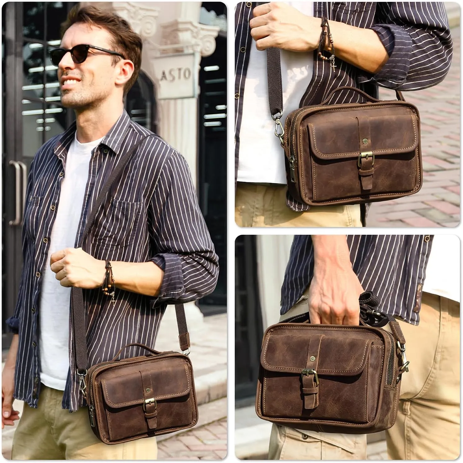 Top Grain Leather 8.3" Messenger Bag for Man & Woman, Multi Pockets, Fits to 7.9"/8.3" iPad for Daily/School/Business/Travel