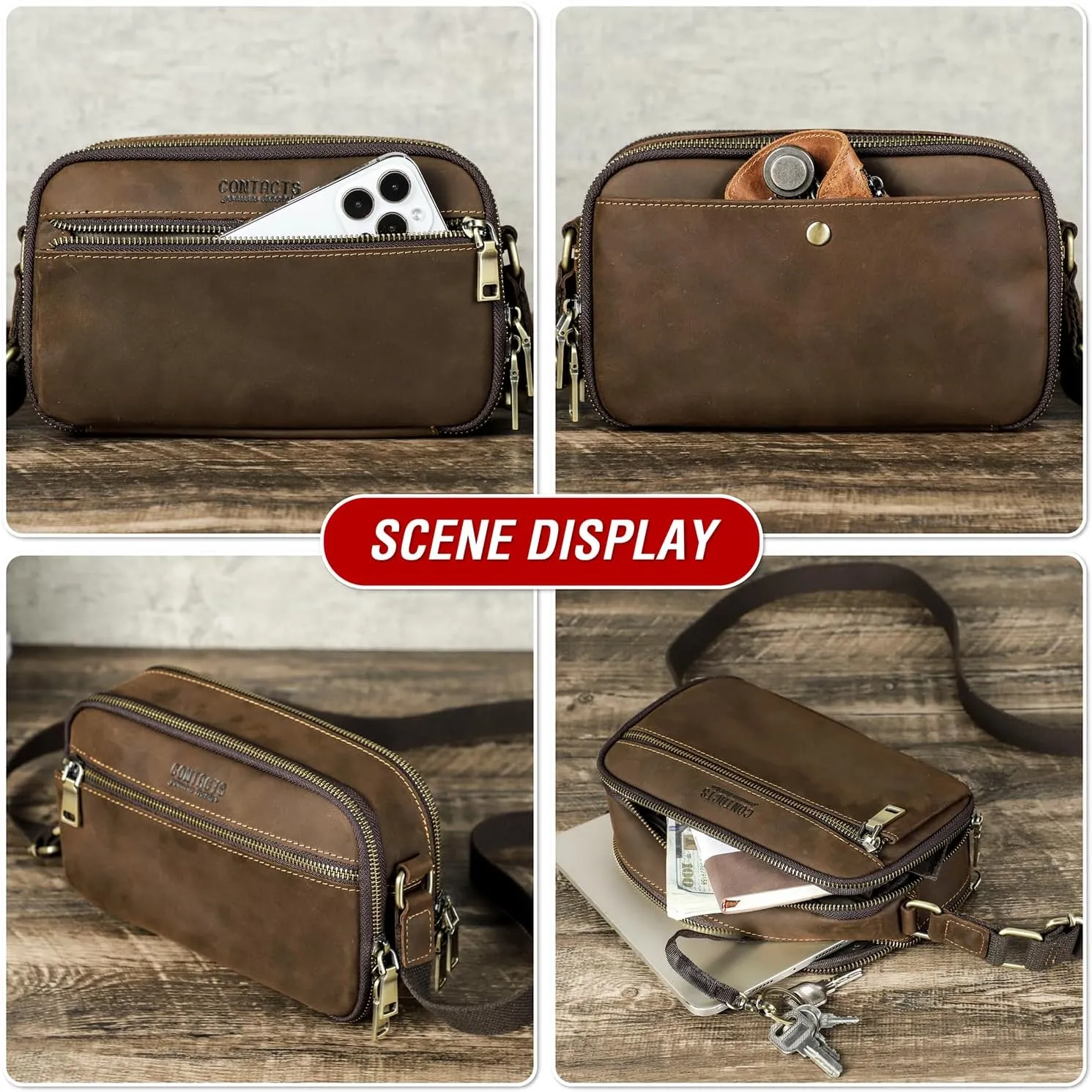 Top Grain Leather 8.3" Messenger Bag for Man & Woman, Multi Pockets, Fits to 7.9"/8.3" iPad for Daily/School/Business/Travel