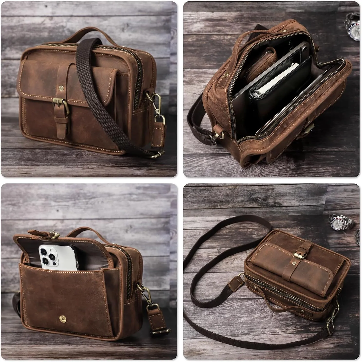 Top Grain Leather 8.3" Messenger Bag for Man & Woman, Multi Pockets, Fits to 7.9"/8.3" iPad for Daily/School/Business/Travel