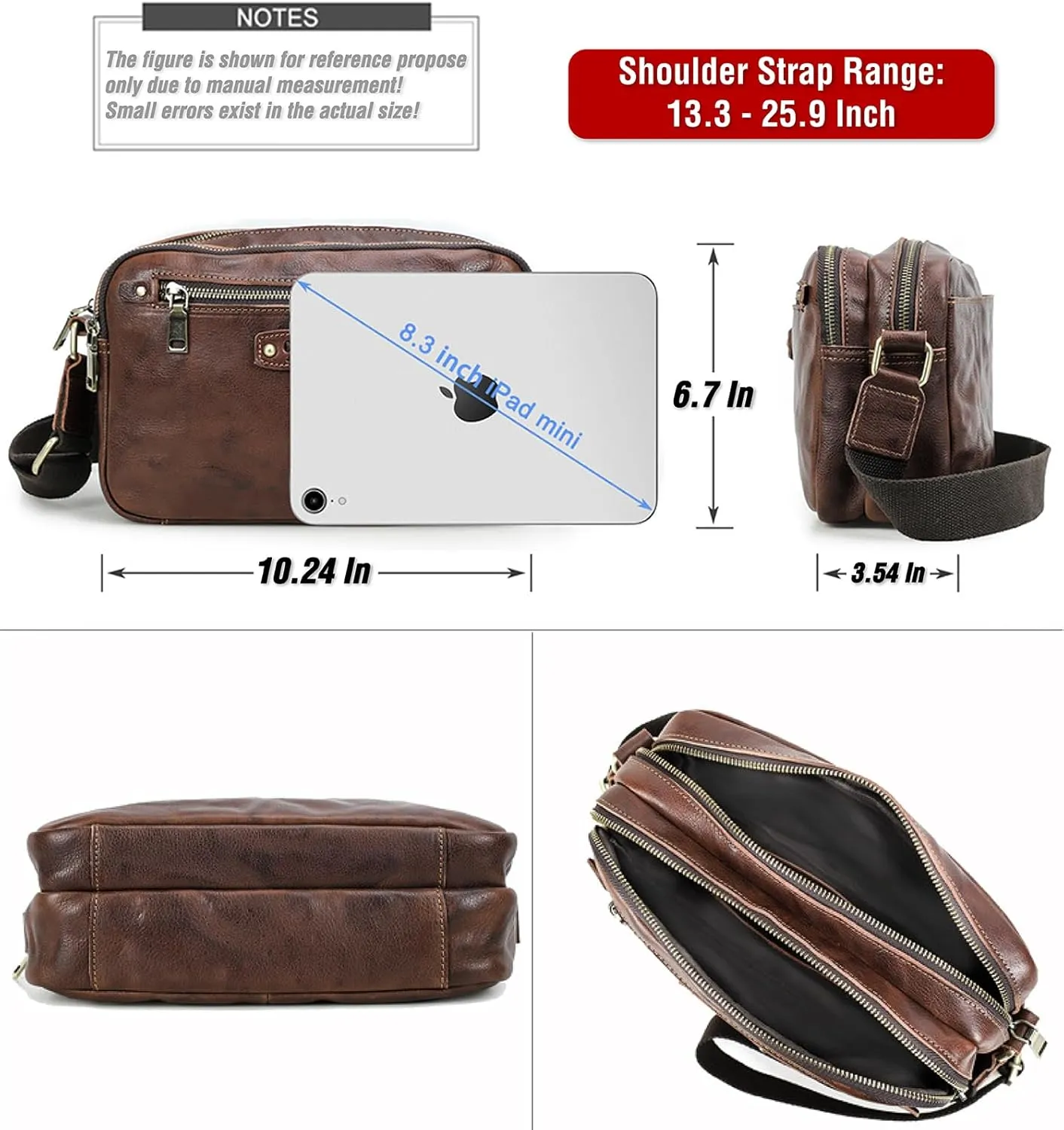 Top Grain Leather 8.3" Messenger Bag for Man & Woman, Multi Pockets, Fits to 7.9"/8.3" iPad for Daily/School/Business/Travel