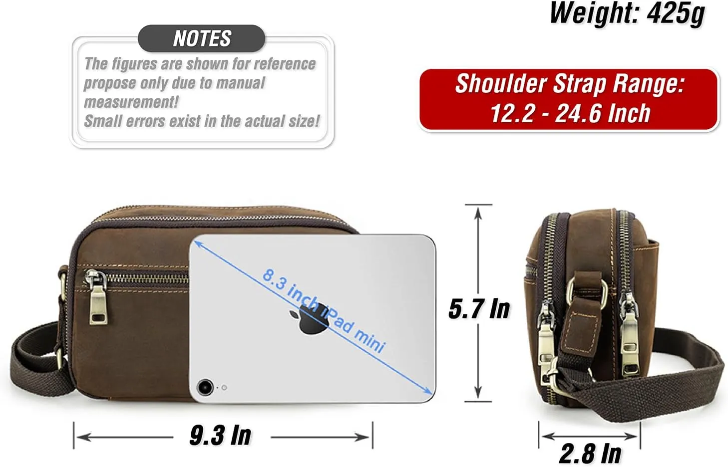 Top Grain Leather 8.3" Messenger Bag for Man & Woman, Multi Pockets, Fits to 7.9"/8.3" iPad for Daily/School/Business/Travel