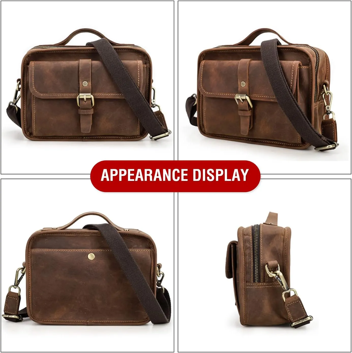 Top Grain Leather 8.3" Messenger Bag for Man & Woman, Multi Pockets, Fits to 7.9"/8.3" iPad for Daily/School/Business/Travel