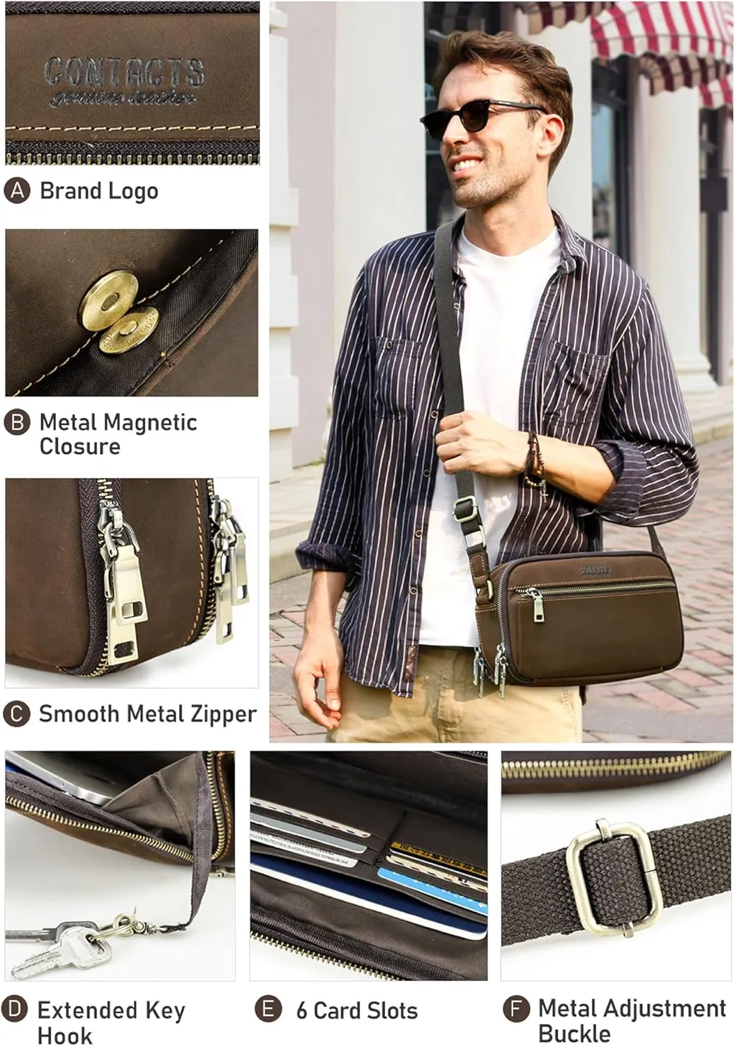 Top Grain Leather 8.3" Messenger Bag for Man & Woman, Multi Pockets, Fits to 7.9"/8.3" iPad for Daily/School/Business/Travel