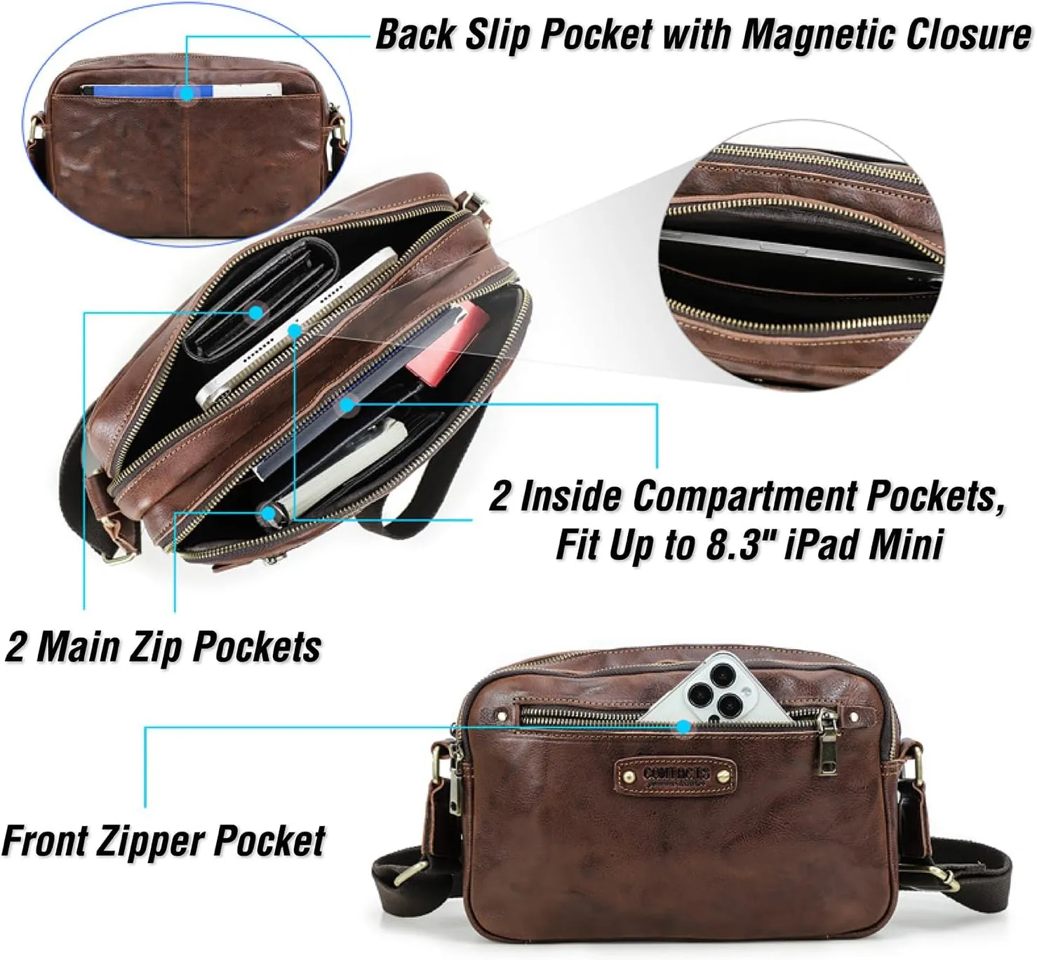 Top Grain Leather 8.3" Messenger Bag for Man & Woman, Multi Pockets, Fits to 7.9"/8.3" iPad for Daily/School/Business/Travel
