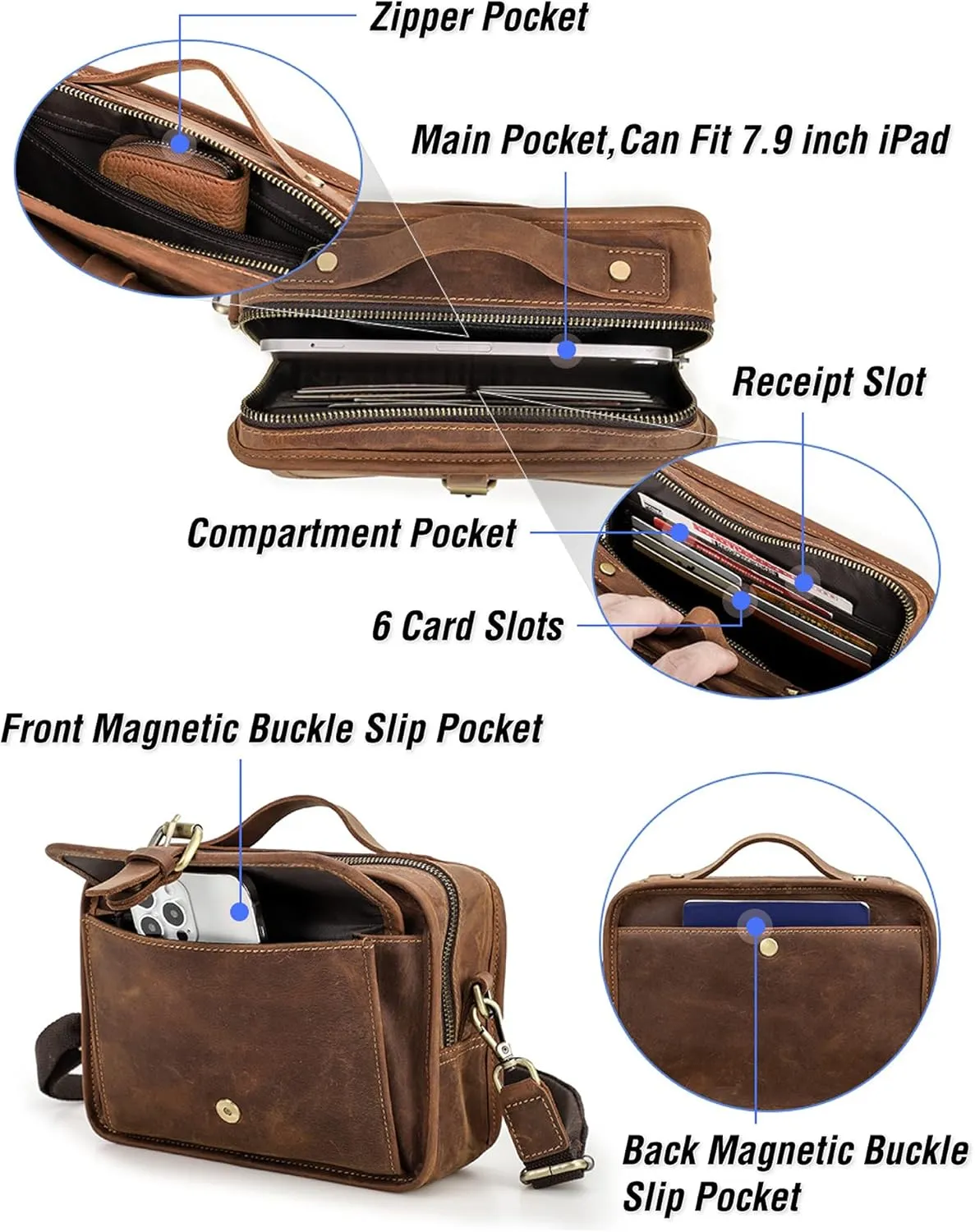 Top Grain Leather 8.3" Messenger Bag for Man & Woman, Multi Pockets, Fits to 7.9"/8.3" iPad for Daily/School/Business/Travel
