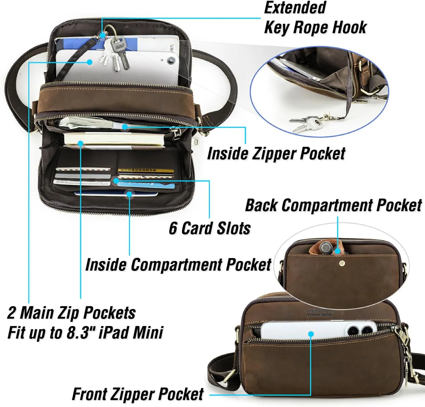 Top Grain Leather 8.3" Messenger Bag for Man & Woman, Multi Pockets, Fits to 7.9"/8.3" iPad for Daily/School/Business/Travel