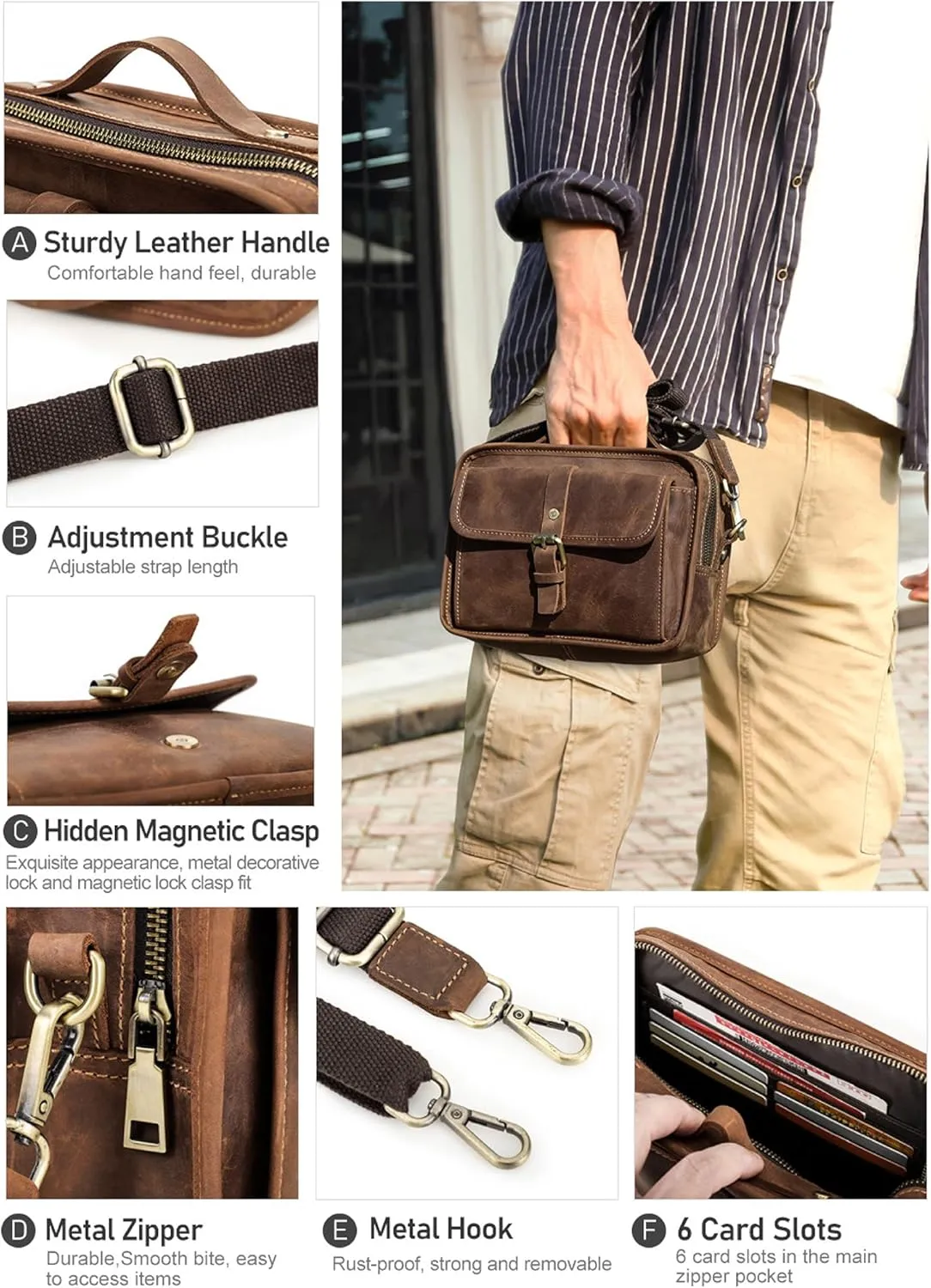 Top Grain Leather 8.3" Messenger Bag for Man & Woman, Multi Pockets, Fits to 7.9"/8.3" iPad for Daily/School/Business/Travel