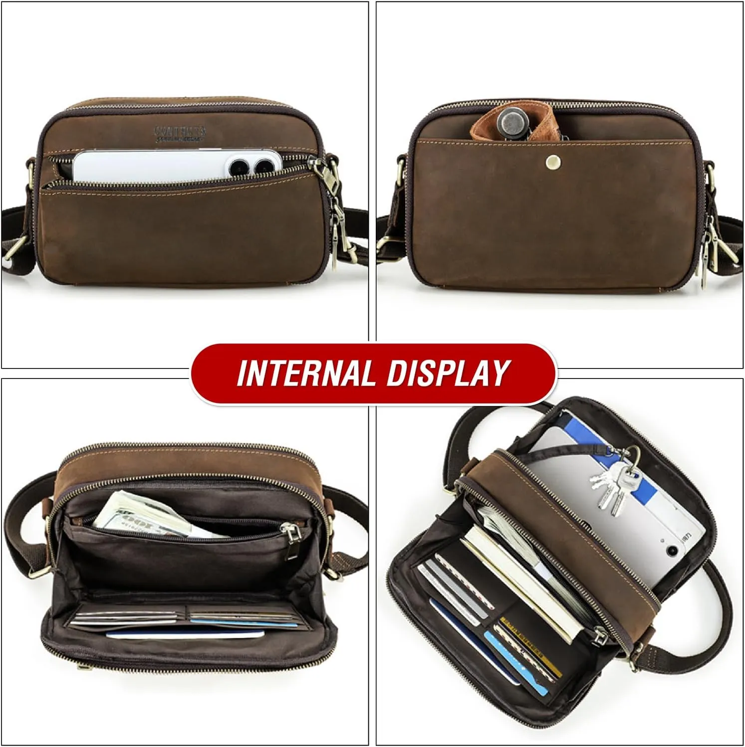 Top Grain Leather 8.3" Messenger Bag for Man & Woman, Multi Pockets, Fits to 7.9"/8.3" iPad for Daily/School/Business/Travel