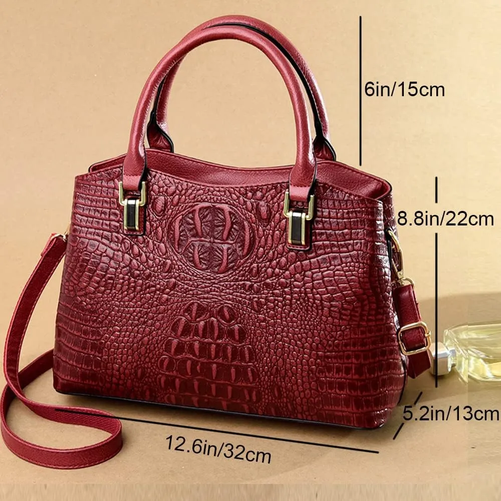 Top Handle Satchel Handbags Crocodile Bag Designer Purse Leather Tote Bags (red)