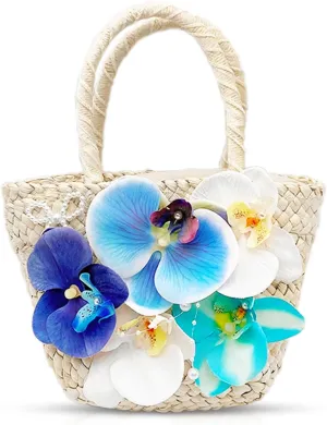 Tote Bag for Women, Cute Phalaenopsis Beach Bag, Mini Straw Bag, Handmade Woven Bag, Unique Carrying Handbag Suitable for Vacation Travel Daily Matching(Blue)