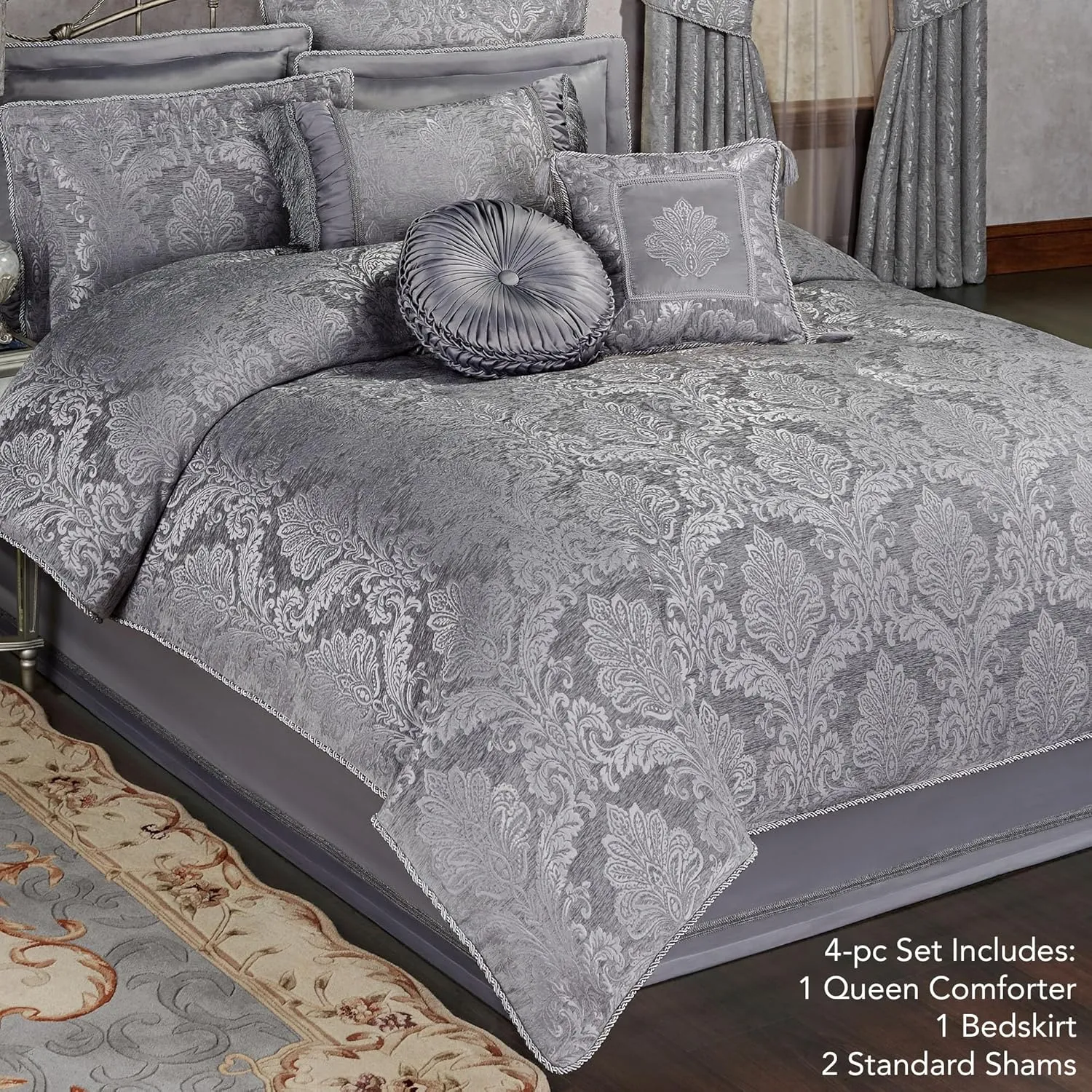 Touch of Class Camelot Luxury Bedding | Soothing Warm Gray | Matte Satin Damask on Richly Textured Jacquard-Woven Chenille 4 Piece Set Includes Queen Comforter, Bedskirt, and 2 Standard Shams