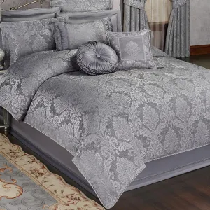 Touch of Class Camelot Luxury Bedding | Soothing Warm Gray | Matte Satin Damask on Richly Textured Jacquard-Woven Chenille 4 Piece Set Includes Queen Comforter, Bedskirt, and 2 Standard Shams