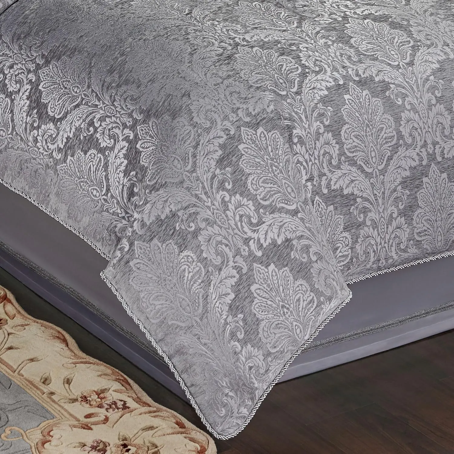 Touch of Class Camelot Luxury Bedding | Soothing Warm Gray | Matte Satin Damask on Richly Textured Jacquard-Woven Chenille 4 Piece Set Includes Queen Comforter, Bedskirt, and 2 Standard Shams